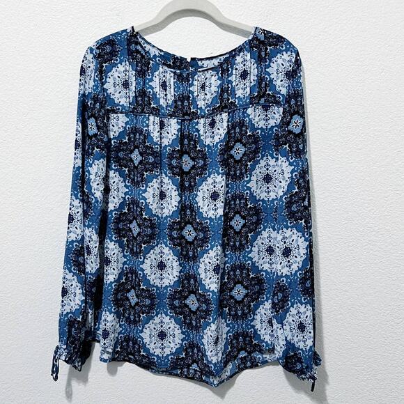 [LOFT] Blue Paisley Medallion Pintucked Long Sleeve Tie Cuff Blouse Sz Medium M - Picture 3 of 12